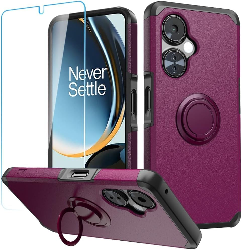 Hrwireless Compatible for Oneplus Nord N30 5G [Ring Stand] Case Cover [360 Rotation] with [HD Tempered Glass Screen Protector] Tough Hybrid [Shockproof] Original Minimalistic Design for Protection  HRWireless Dark Purple Ring Stand + Tempered  