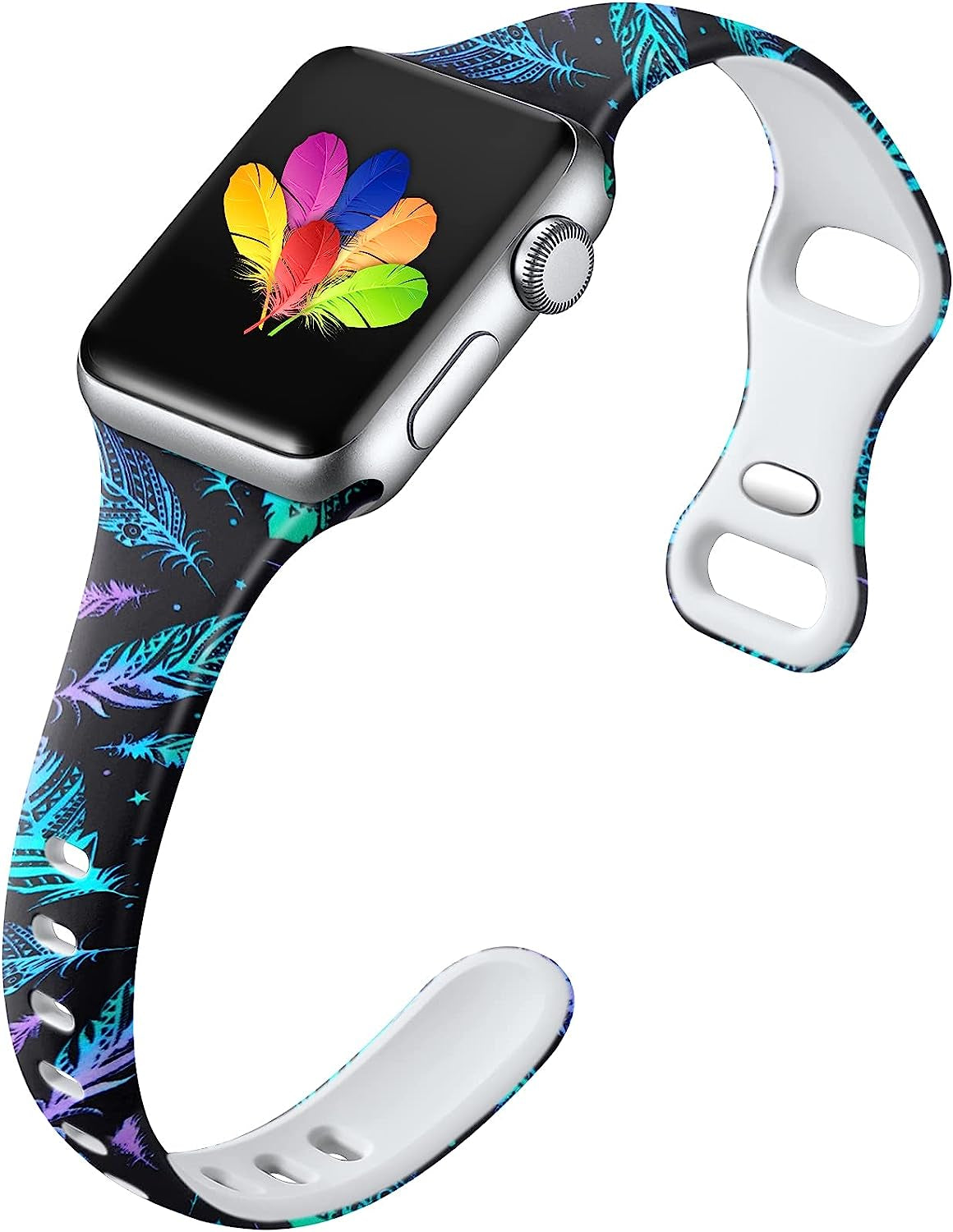 Witzon Thin Bands Compatible with Apple Watch Band 40Mm 38Mm 41Mm for Women, Fadeless Floral Cute Printed Slim Silicone Sport Replacement Wristbands for Iwatch SE Series 7 6 5 4 3 2 1 Smart Watch  Witzon Feathers  
