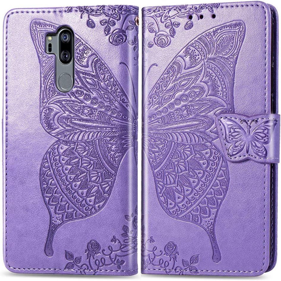 LEECOCO LG G7 Thinq Case Premium PU Leather Flip Wallet Case Butterfly Embossed Full Body Protection Flip Stand Card Holder Magnetic Cover for LG G7 Thinq/Lg G7 One Big Butterfly Light Purple SD  LEECOCOO   
