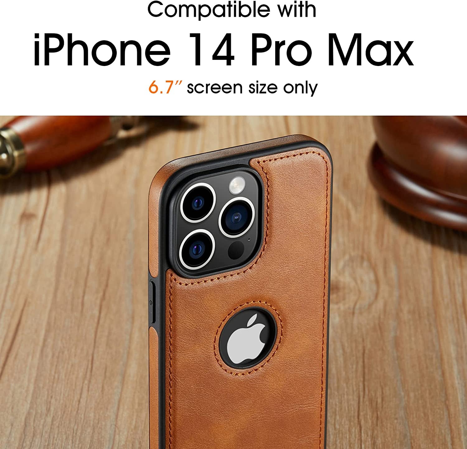 Casus Designed for Iphone 14 Pro Max Case Vegan Leather Slim Logo View Classic Luxury Elegant Thin Protective Cover (2022) 6.7" - Golden Brown  Casus   