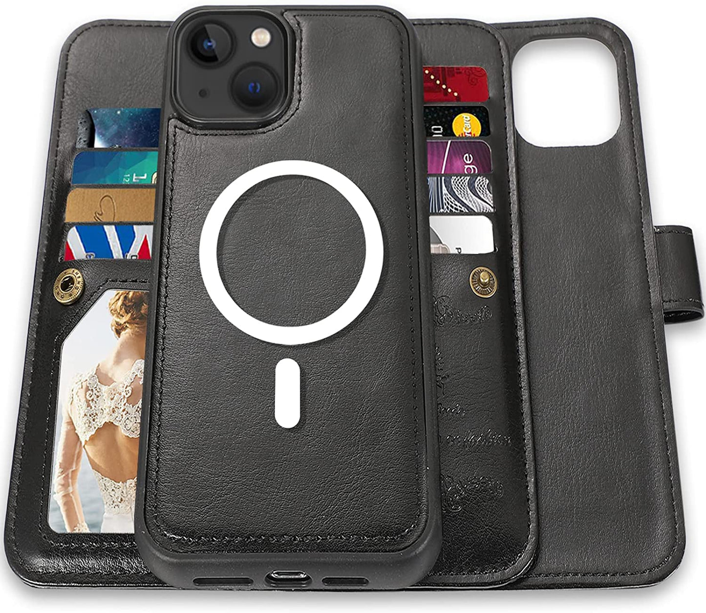 CASEOWL Compatible with Iphone 14 Wallet Case, Support Magsafe Charger, 2 in 1 Magnetic Detachable Folio Leather Iphone 14 Case Wallet with 9 Card Slots[Rfid Blocking], Strap for Man Women (Black)  CASEOWL   