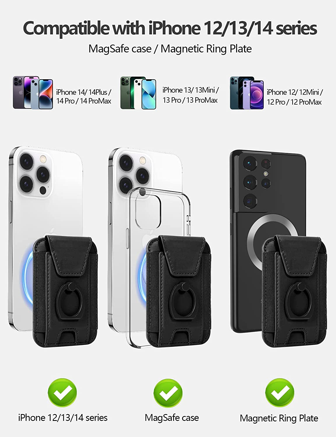 3-In-1 Magnetic Wallet with Phone Grip, Compatible with Magsafe Wallet and Phone Stand, Leather Privacy Flap, Magnetic Phone Wallet Holder with Phone Ring for Iphone 14/13/12 Series, 7 Cards, Black  ExtreLife   