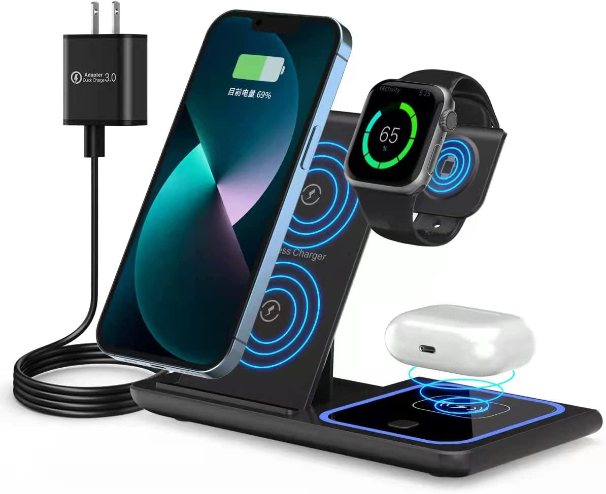 Wireless Charger,Rui MAI LAI 3 in 1 Wireless Charger Station for Apple Iphone/Iwatch/Airpods,Iphone 13/12/11 (Pro, Pro Max)/Xs/Xr/Xs/X/8(Plus),Iwatch 7/6/Se/5/4/3/2,Airpods 3/2/Pro  XuHui Black  