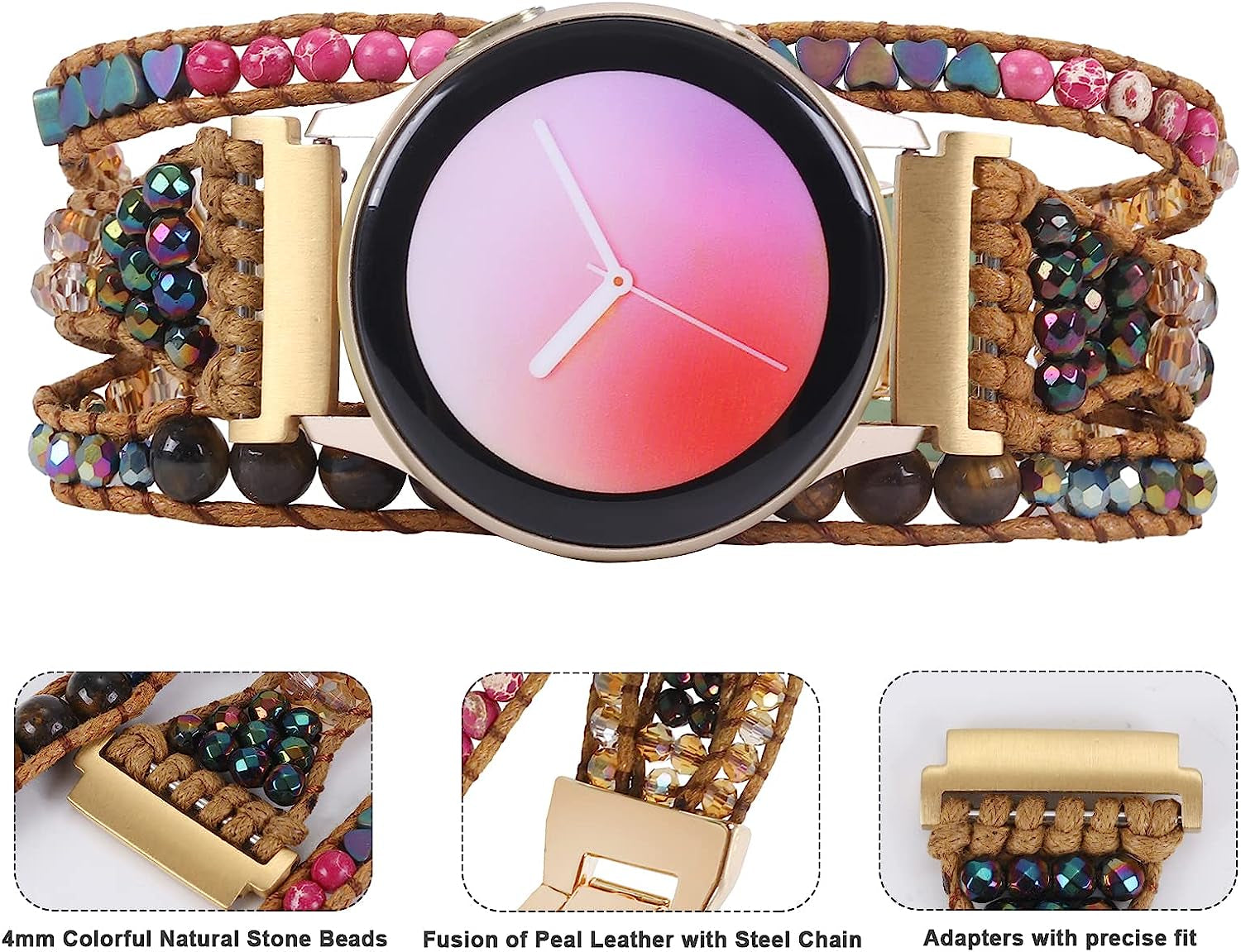 20Mm Boho Beaded Bracelet for Samsung Galaxy Watch 4/5 Band/Active 2 Watch Bands 40Mm 44Mm, Galaxy Watch 5 Pro Band, Multilayer Wraps Natural Stone Strap for Watch 4 Classic 42Mm 46Mm/Watch 3 41Mm  WONMILLE   
