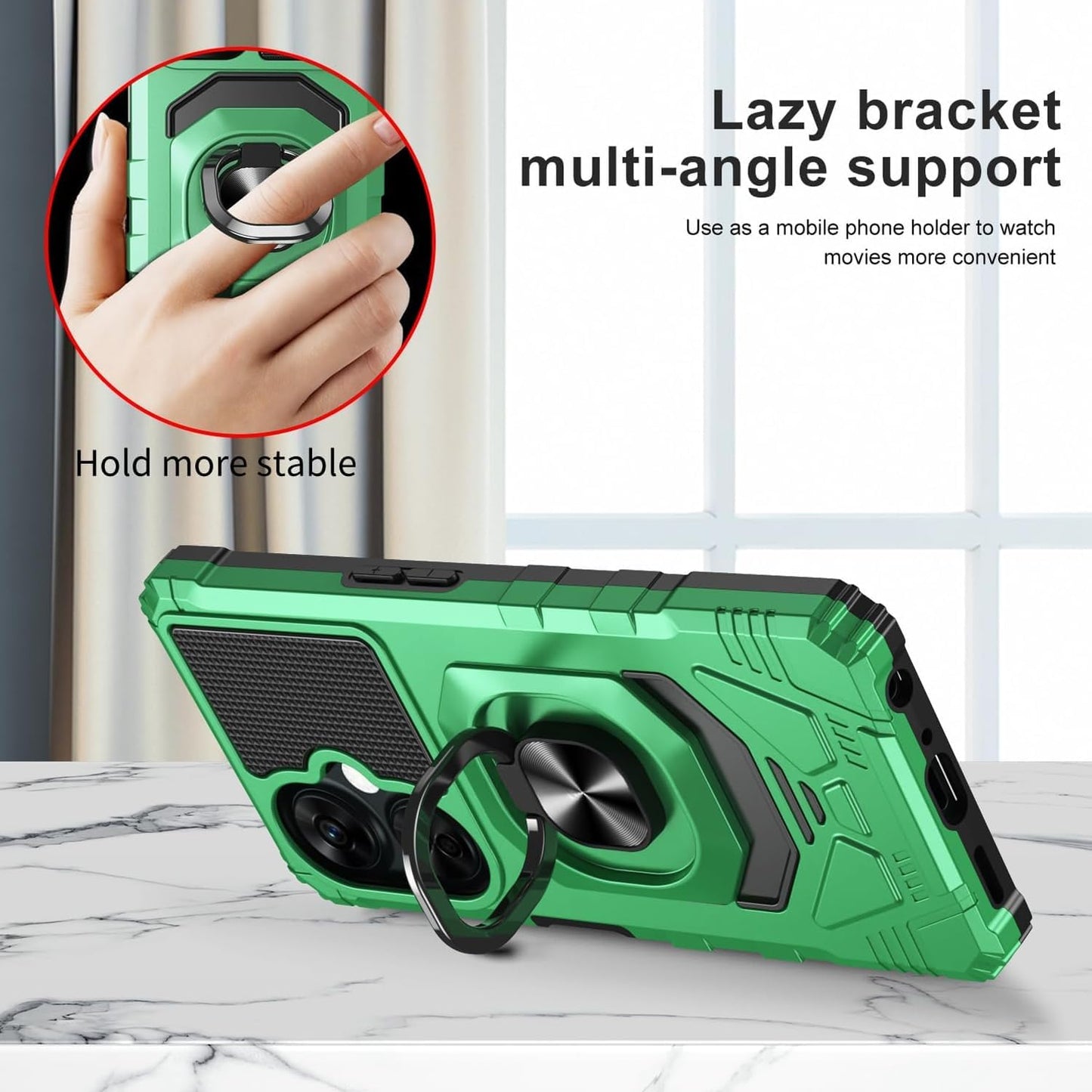 TJS Compatible for Oneplus Nord N30 5G Case, with Tempered Glass Screen Protector, Metal Ring Magnetic Support Kickstand Heavy Duty Drop Protection Cover Phone Case (Green)  TJS   
