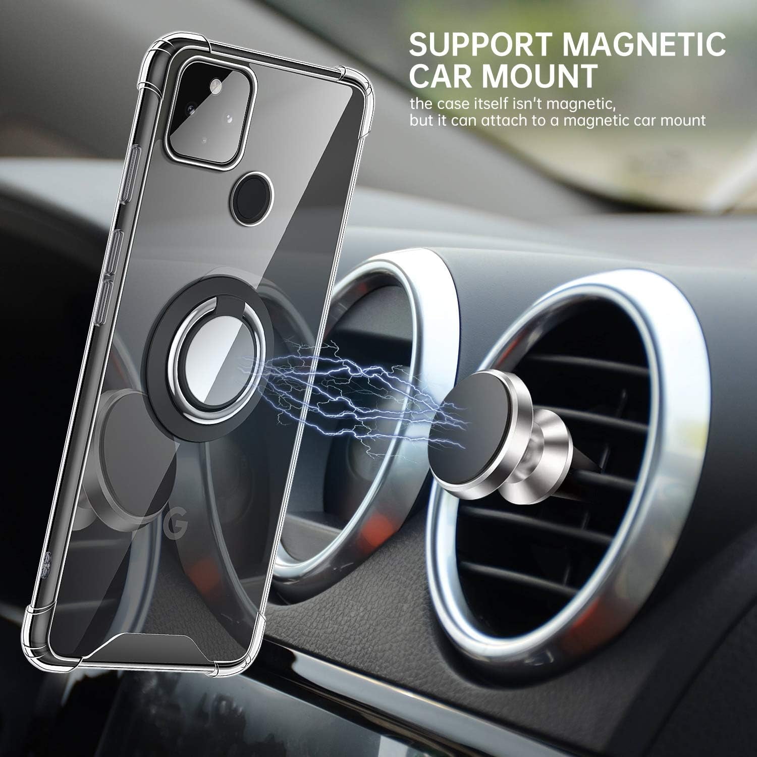 DAUPIN for Google Pixel 4A 5G Case with 360 Rotation Metal Ring Holder Stand, Support Magnetic Car Phone Mount Soft TPU Bumper PC Hard Protective Clear Phone Case for Google Pixel 5XL 6.2 Inch (Clear)  DAUPIN   