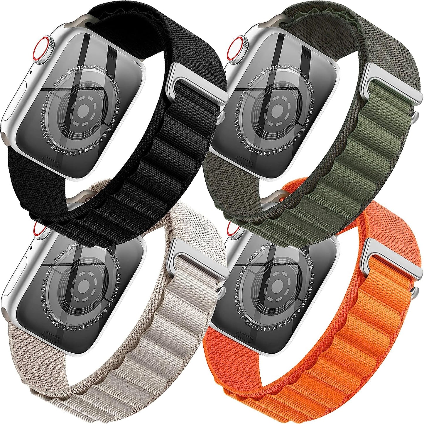4 Pack Alpine Trail Loop Ocean Band Compatible with Apple Watch Band 49Mm 45Mm 44Mm 42Mm Women Men,Adjustable with Sport Strap for Iwatch Ultra Series 8/7/6/5/4/3/2/1/Se,A-Black/Orange/T-Black/O-Black  FnKer Black/Orange/Starlight/Green 42/44/45/49mm 
