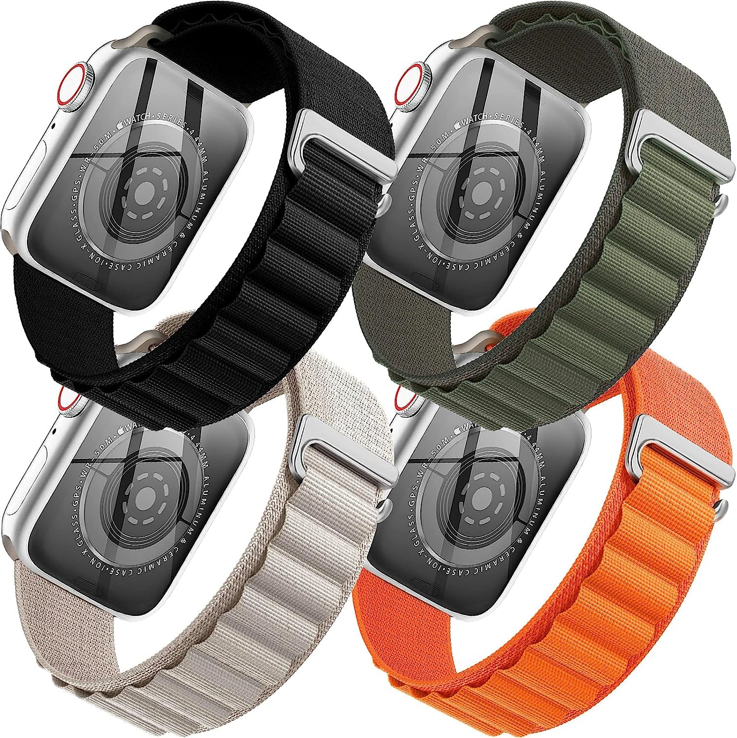 4 Pack Alpine Trail Loop Ocean Band Compatible with Apple Watch Band 49Mm 45Mm 44Mm 42Mm Women Men,Adjustable with Sport Strap for Iwatch Ultra Series 8/7/6/5/4/3/2/1/Se,A-Black/Orange/T-Black/O-Black  FnKer Black/Orange/Starlight/Green 42/44/45/49mm 