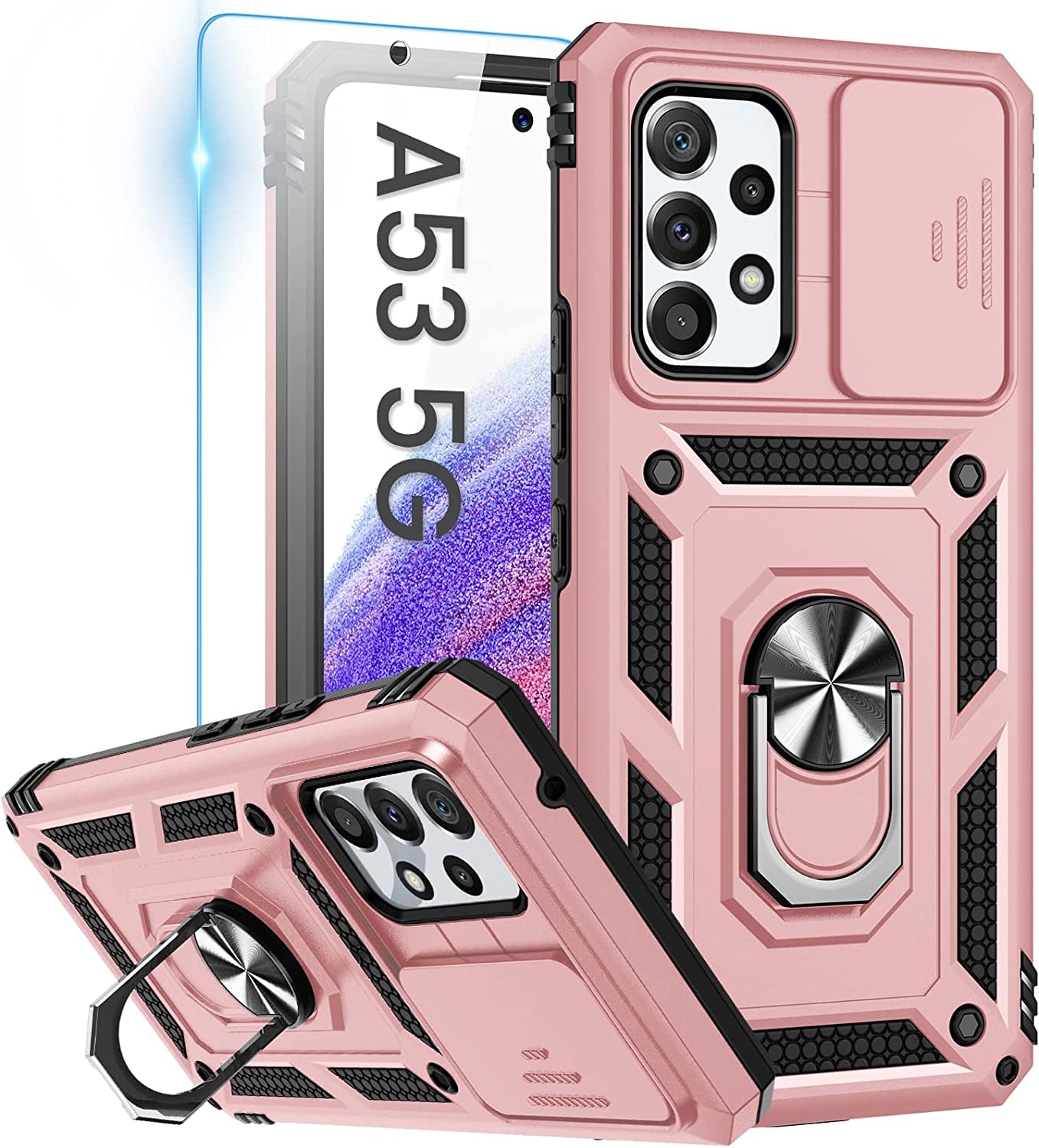 Goton for Samsung A53 5G Case, Galaxy A53 5G Case with Camera Cover & 360°Kickstand Ring with Tempered Glass Screen Protector, Military Grade Shockproof Protective Cover for A53 5G Case Black  Goton Rose Gold  