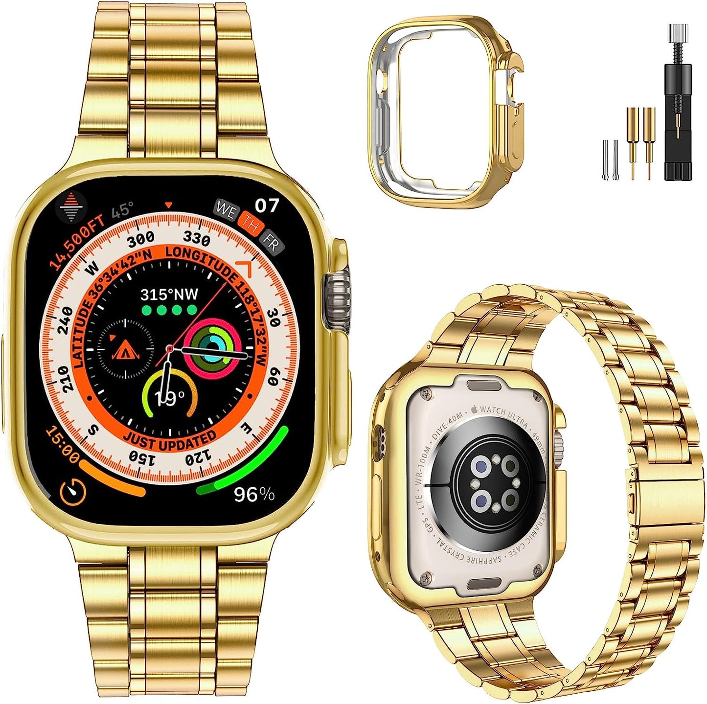 Miohhr Solid Stainless Steel Band Compatible with Apple Watch 49Mm 45Mm 44Mm 42Mm 41Mm 40Mm 38Mm, Metal Strap for Iwatch Series Ultra 8 7 6 5 4 3 2 1 SE Women and Men  MioHHR Gold (Ultra) 49 mm (Ultra) 