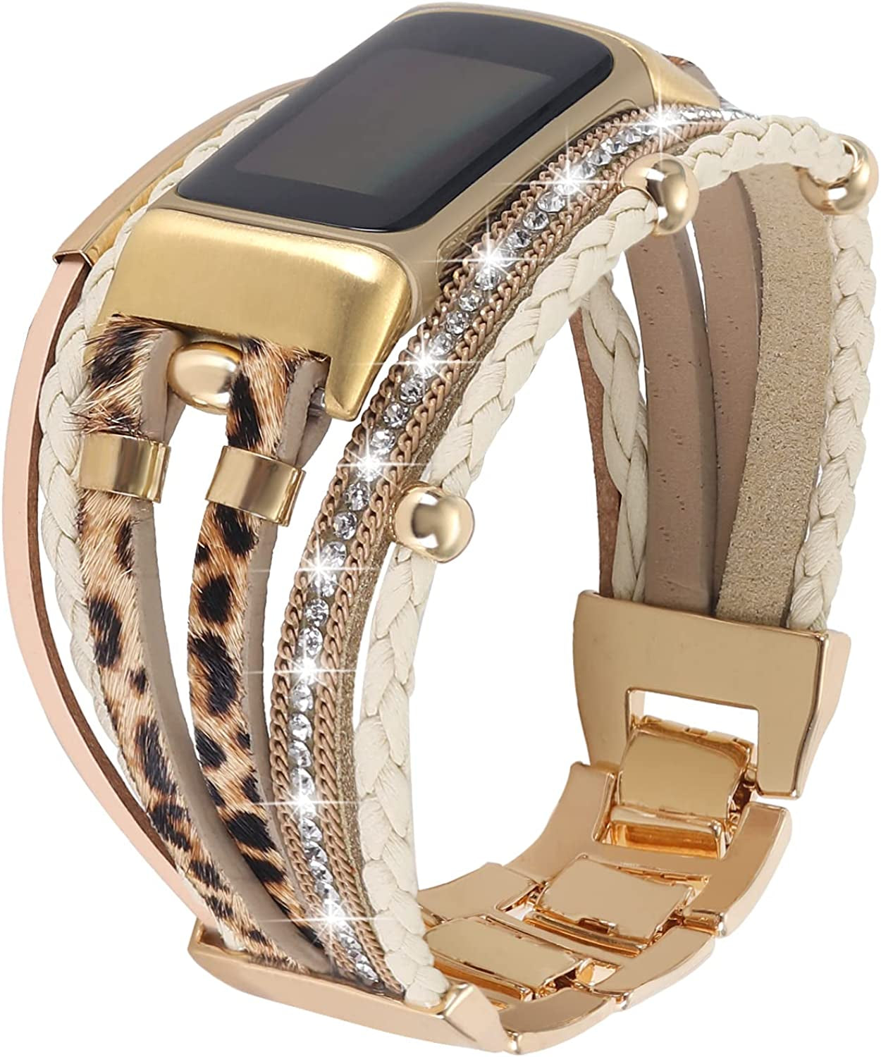 YOSWAN Leather Bands Compatible with Fitbit Charge 5 Bands for Women, Boho Handmade Multilayer Wrap Bracelets Jewelry Strap Wristband Replacement for Fitbit Charge 5 Fitness Tracker  YOSWAN Brown Leopard  