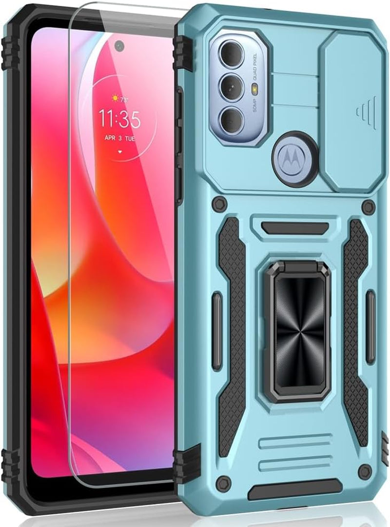 SYONER for Motorola Moto G Play 2023 Case, Moto G Power 2022 Case, Moto G Pure Case with Screen Protector, Shockproof Phone Case & Sliding Camera Cover & Ring Holder Kickstand [Alpine Green]  SYONER Light Blue  