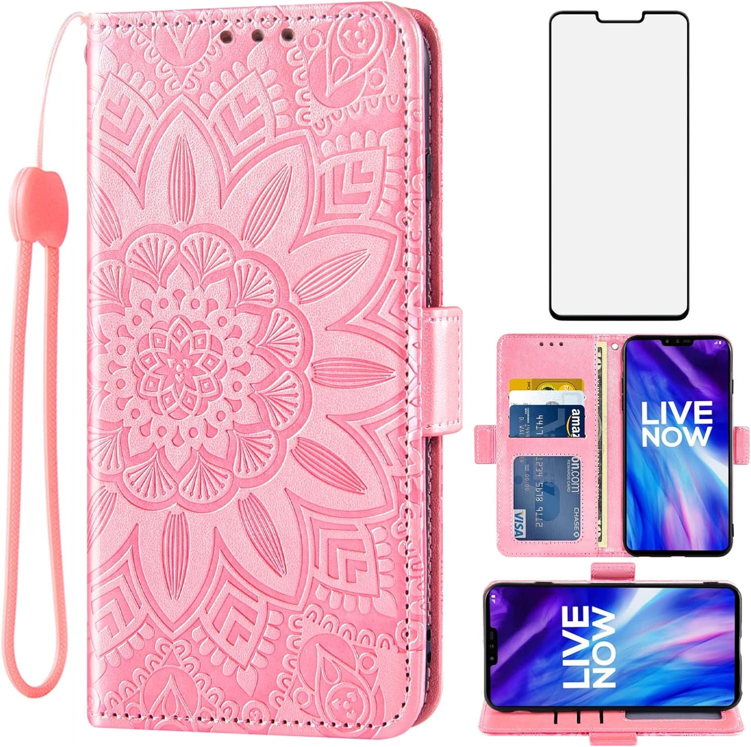 Asuwish Phone Case for LG V40 Thinq with Tempered Glass Screen Protector and Flower Leather Wallet Flip Cover Card Holder Cell LGV40 Storm V 40 Thin Q V40Thinq LG40 40V 40Thinq Women Men Rose Gold  Asuwish   