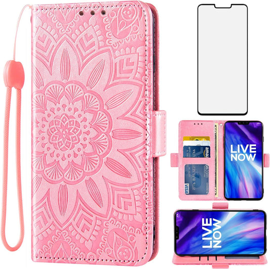 Asuwish Phone Case for LG V40 Thinq with Tempered Glass Screen Protector and Flower Leather Wallet Flip Cover Card Holder Cell LGV40 Storm V 40 Thin Q V40Thinq LG40 40V 40Thinq Women Men Rose Gold  Asuwish   