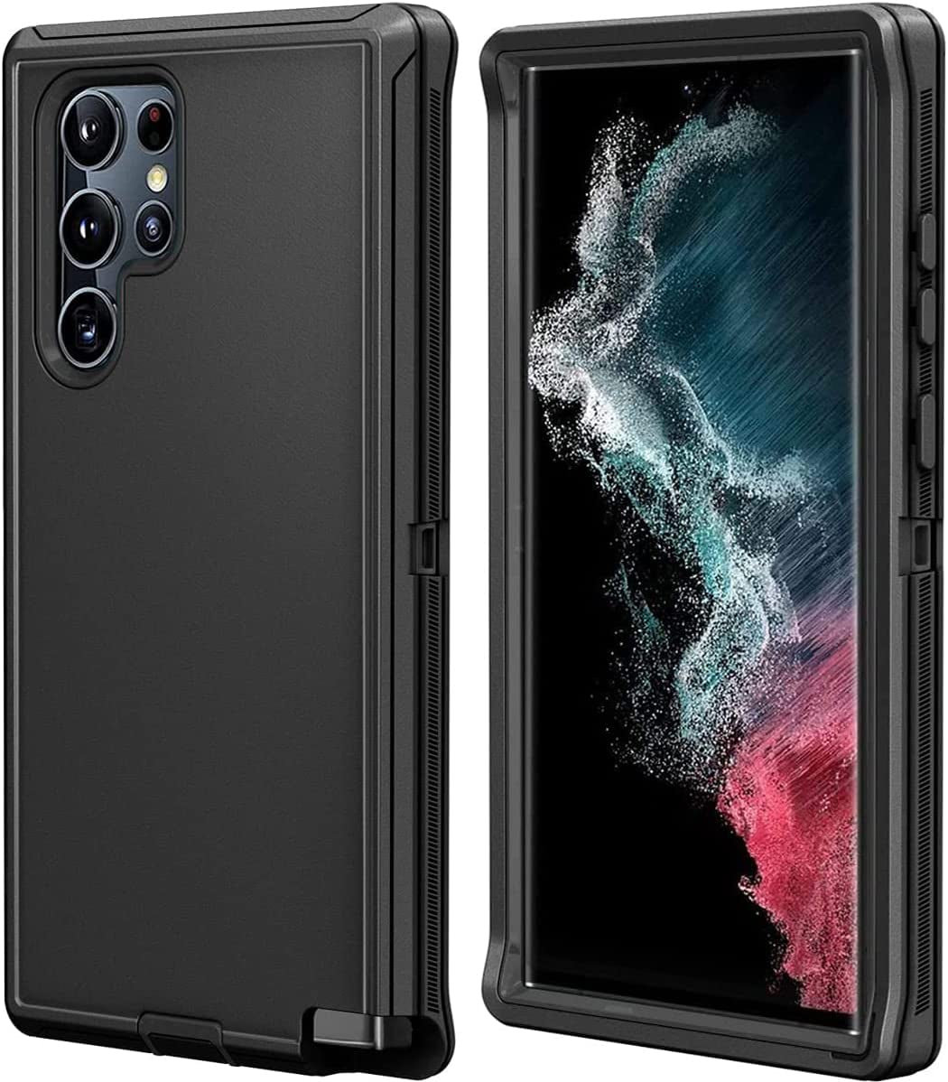 Qinmay Samsung S22 Ultra 5G Case - 3-Layer Heavy Duty Shock Protection, Dust Proof, 6.8 Inch, Grey Skyblue  Qinmay Black  