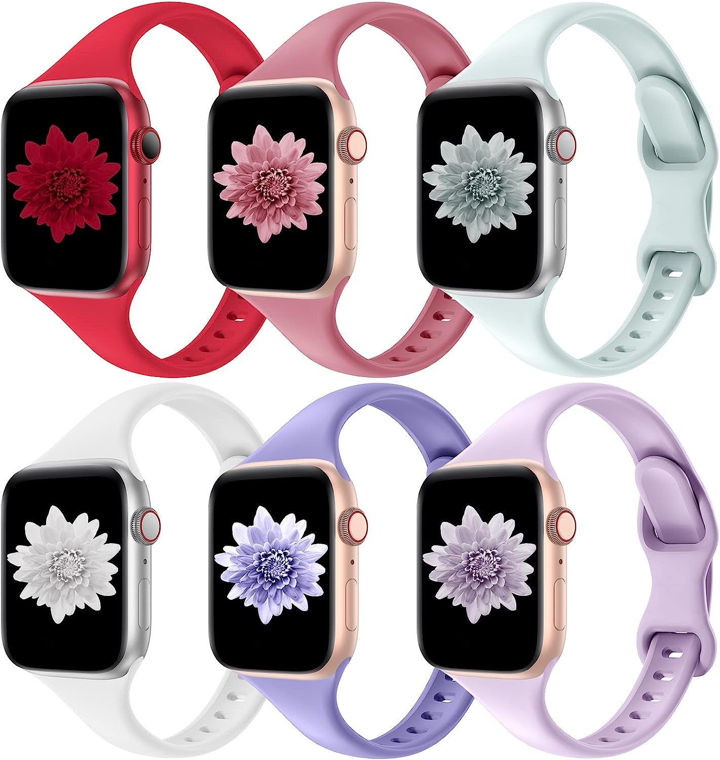 Distore 6 Pack Bands Compatible with Apple Watch 38Mm 40Mm 41Mm 42Mm 44Mm 45Mm 49Mm, Slim Thin Narrow Replacement Soft Silicone Sport Strap for Iwatch Series Ultra 8/7/6/5/4/3/2/1 SE Women Men  Distore Red/Hibiscus/Seafoam/White/Lilac/Lavender 42/44/45/49mm 