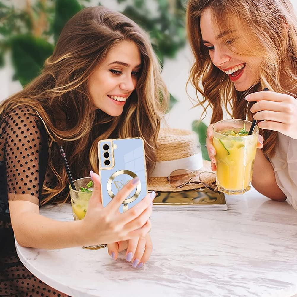 Bonoma for Samsung Galaxy S21 plus Case [Support for Magsafe] Butterfly Pattern Magnetic Plating Screen Protector Luxury Elegant Case Camera Protector Shockproof Protective Corner Back Cover -Blue  Bonoma   