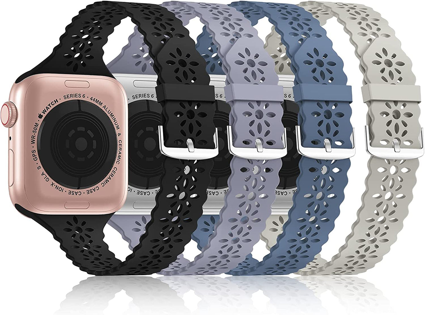 Bandiction 4 Pack Lace Silicone Bands Compatible with Apple Watch Band 38Mm 40Mm 41Mm 42Mm 44Mm 45Mm 49Mm, Women Slim Thin Hollow-Out Sport Wristband for Iwatch Series Ultra 8 SE 7 6 5 4 3 2 1  Bandiction Black/Alaskan Blue/Stone/Lavender Gray 42mm/44mm/45mm/49mm 