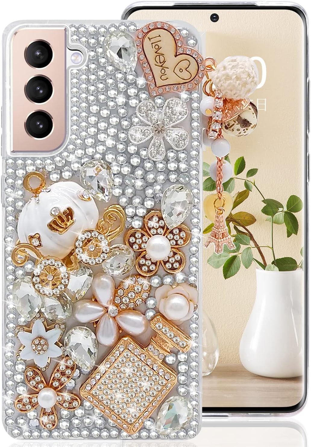 Guppy for Galaxy Note 20 Ultra Case Women Luxury 3D Bling Shiny Rhinestone Diamond Crystal Pearl Handmade Pendant Iron Tower Pumpkin Car Flowers Soft Protective Anti-Fall Case for Galaxy Note 20 Ultra  Guppy Clear Galaxy S22 Plus 