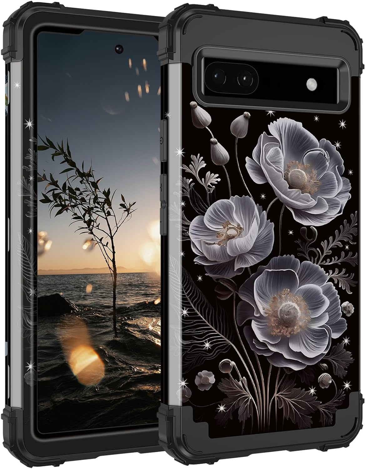 Hekodonk Google Pixel 6A Case (2022) - Heavy Duty Shockproof Hybrid Protection, Hard Plastic & Silicone Rubber, 3-In-1 Drop Protective - Blue Golden  Hekodonk White Flower  