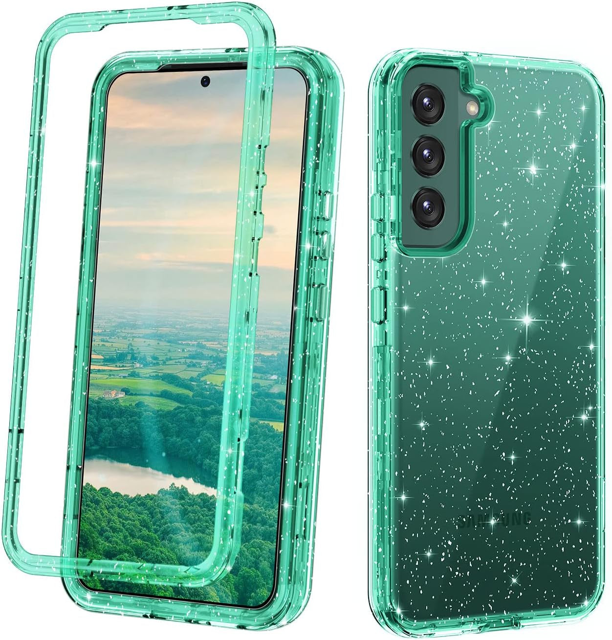 Btscase for Samsung Galaxy S22+/S22 plus 5G Case, Marble Pattern 3 in 1 Heavy Duty Shockproof Full Body Rugged Hard Pc+Soft Silicone Drop Protective Women Girl Covers for S22+/S22 Plus, Blue Gray  Btscase Green Glitter  