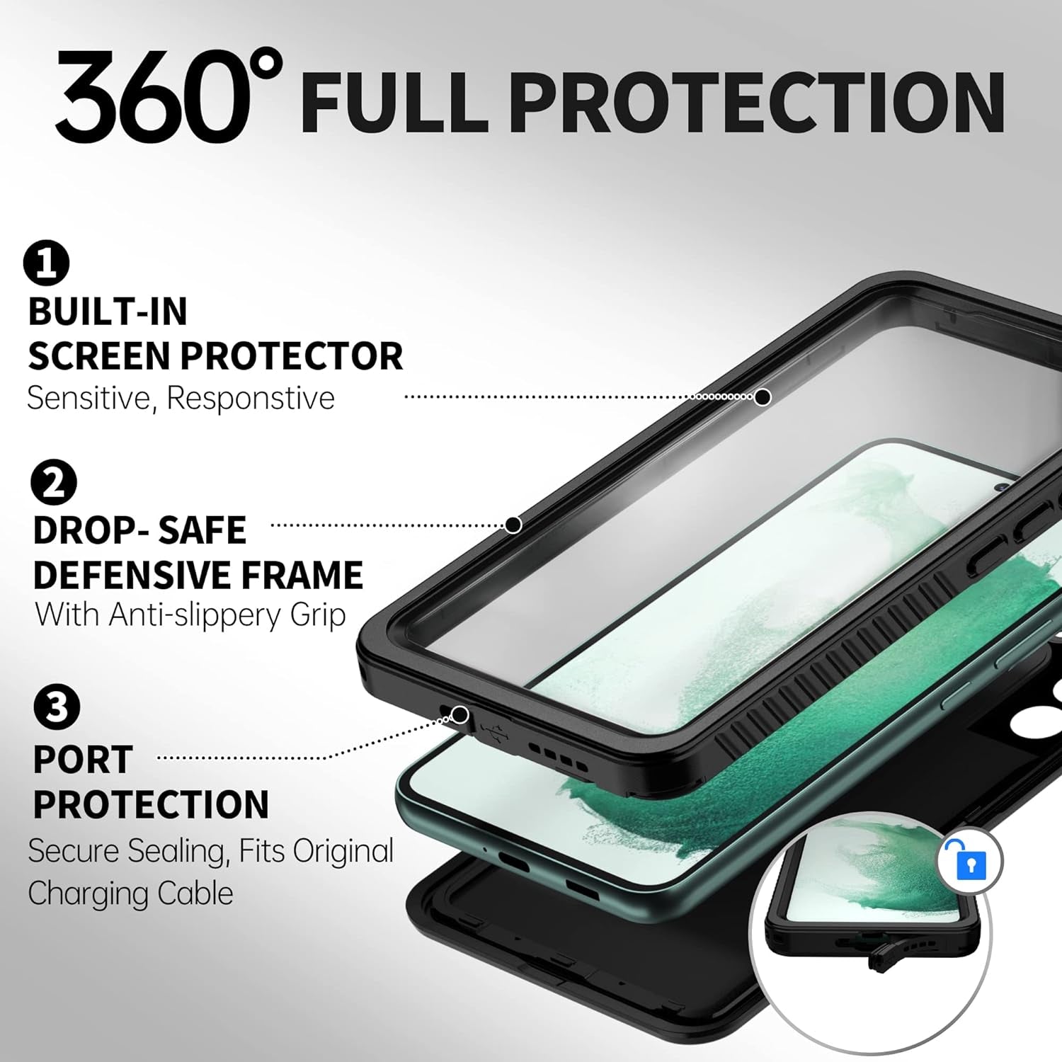 BEASTEK for Samsung Galaxy S22 Waterproof Case, FSN Series, Shockproof Underwater IP68 Case with Built-In Screen Protector Full Body Protective Cover, for Galaxy S22 6.1 Inch (Black)  BEASTEK   