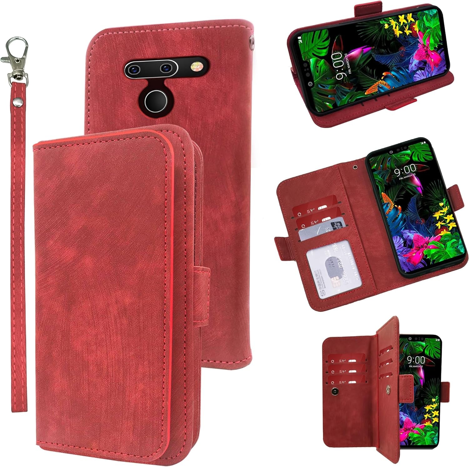 Furiet Compatible with LG G8 Thinq Wallet Case Wrist Strap Lanyard Leather Flip Card Holder Stand Cell Accessories Folio Phone Cover for LGG8 Thin Q G 8 LG8 G8Thinq Lgg8Thinq 8G Women Men Brown  Furiet Red  