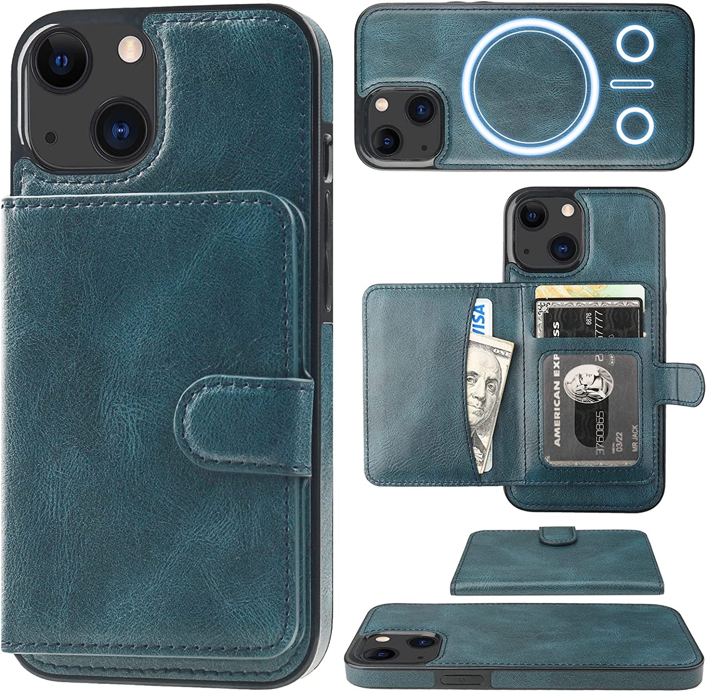 Bocasal Wallet Case for Iphone 13 Compatible with Magsafe Magnetic RFID Blocking Detachable Premium PU Leather Flip Case with Card Slots Holder Kickstand Wireless Charging 6.1 Inch (Brown)  Bocasal Blue  