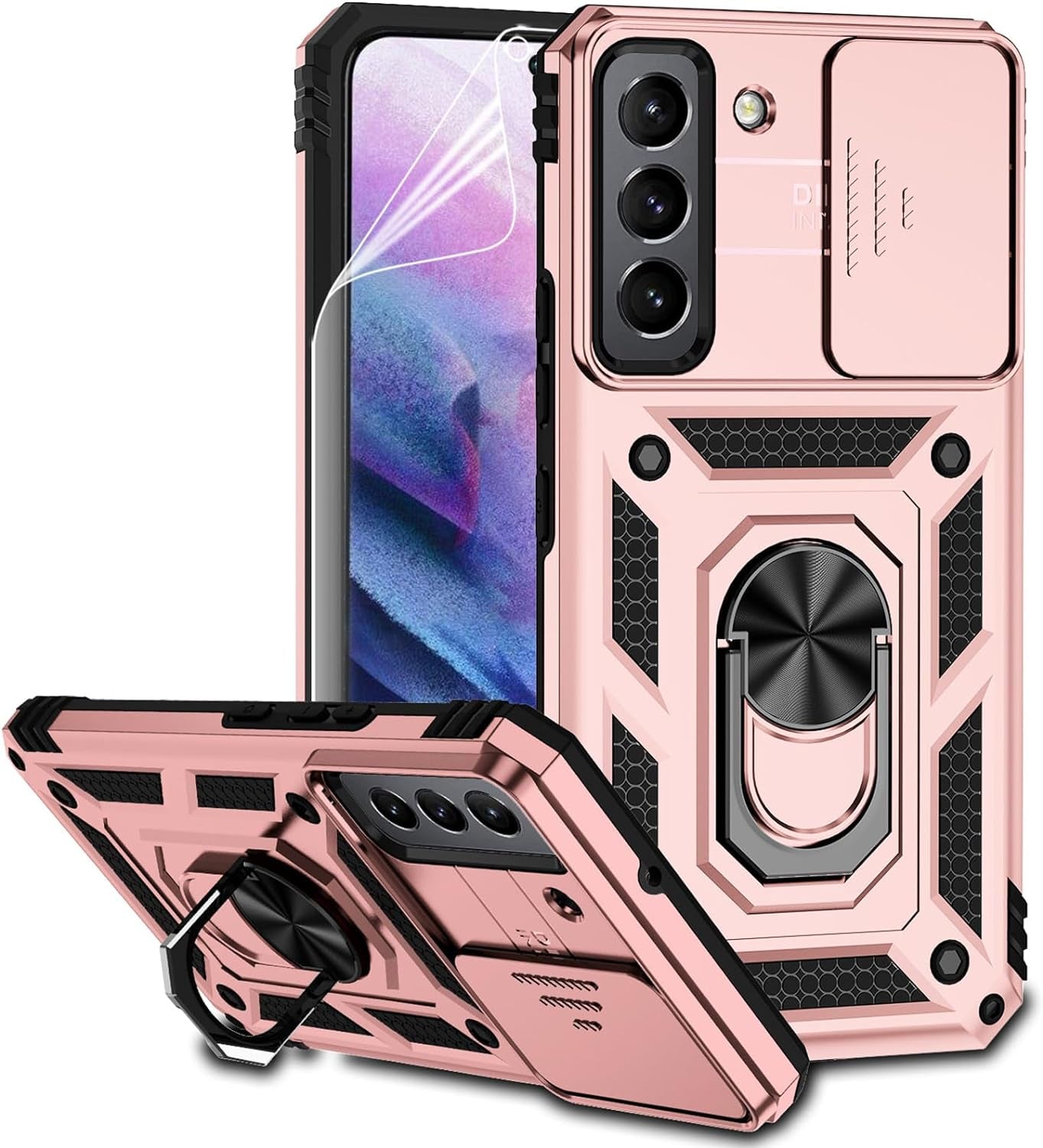 For Samsung Galaxy S22 Case with Camera Lens Cover HD Screen Protector, Dual Layer Military-Grade Drop Tested Magnetic Ring Holder Kickstand Protective Phone Case for Samsung Galaxy S22 5G (Black)  JINZHI Inc Rose Gold With Camera Cover Military-Grade 2Nd Gen  