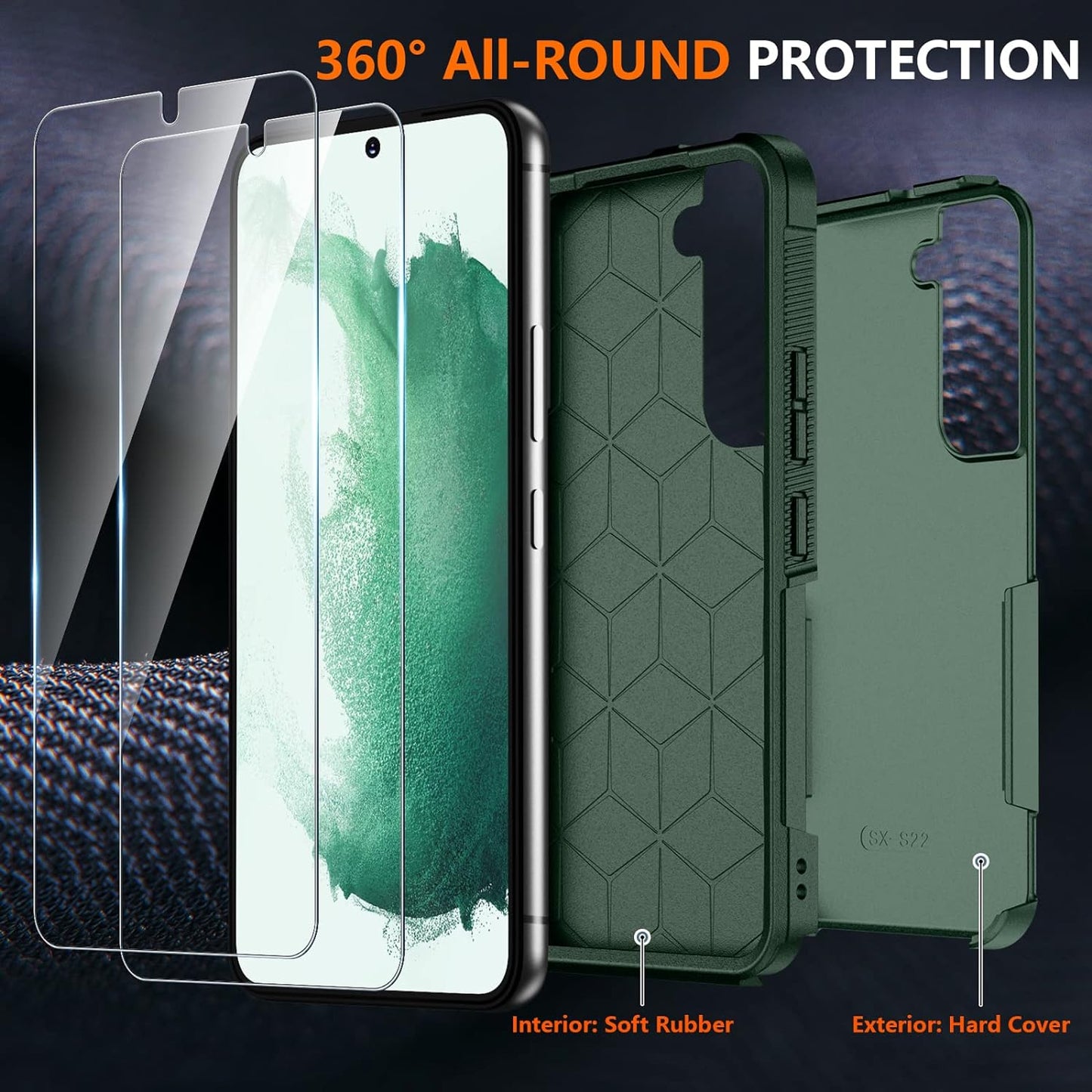 SPIDERCASE for Samsung Galaxy S22 Case, [10 FT Military Grade Drop Protection] Non-Slip [2 Pack] Tempered Glass Screen Protector+Camera Lens Protector Heavy Duty Shockproof Case,Midnight Green  SPIDERCASE   