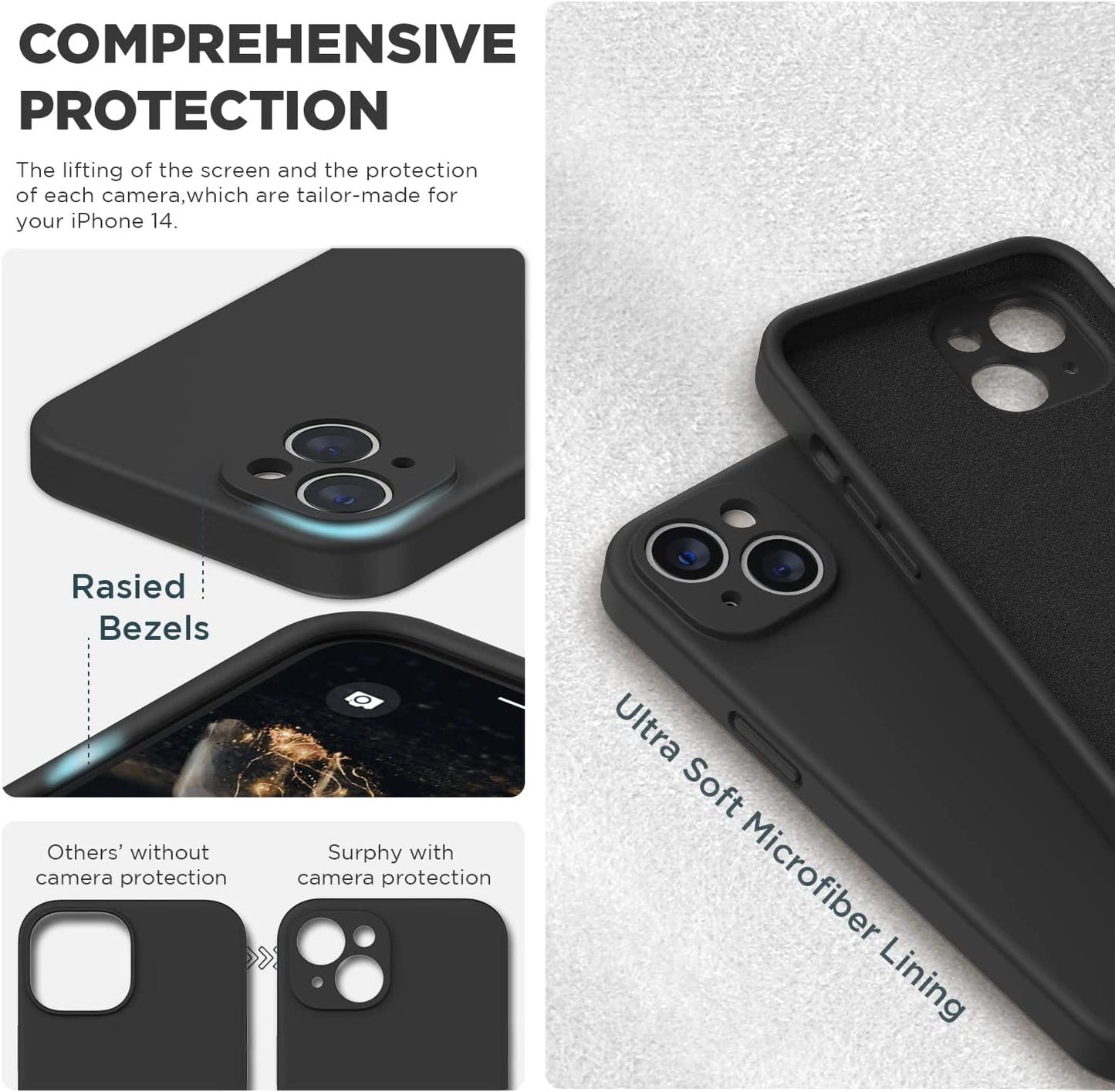 SURPHY Compatible with Iphone 14 Case with Screen Protector (Camera Protection + Soft Microfiber Lining) Liquid Silicone Phone Case 6.1 Inch 2022, Black  SURPHY   