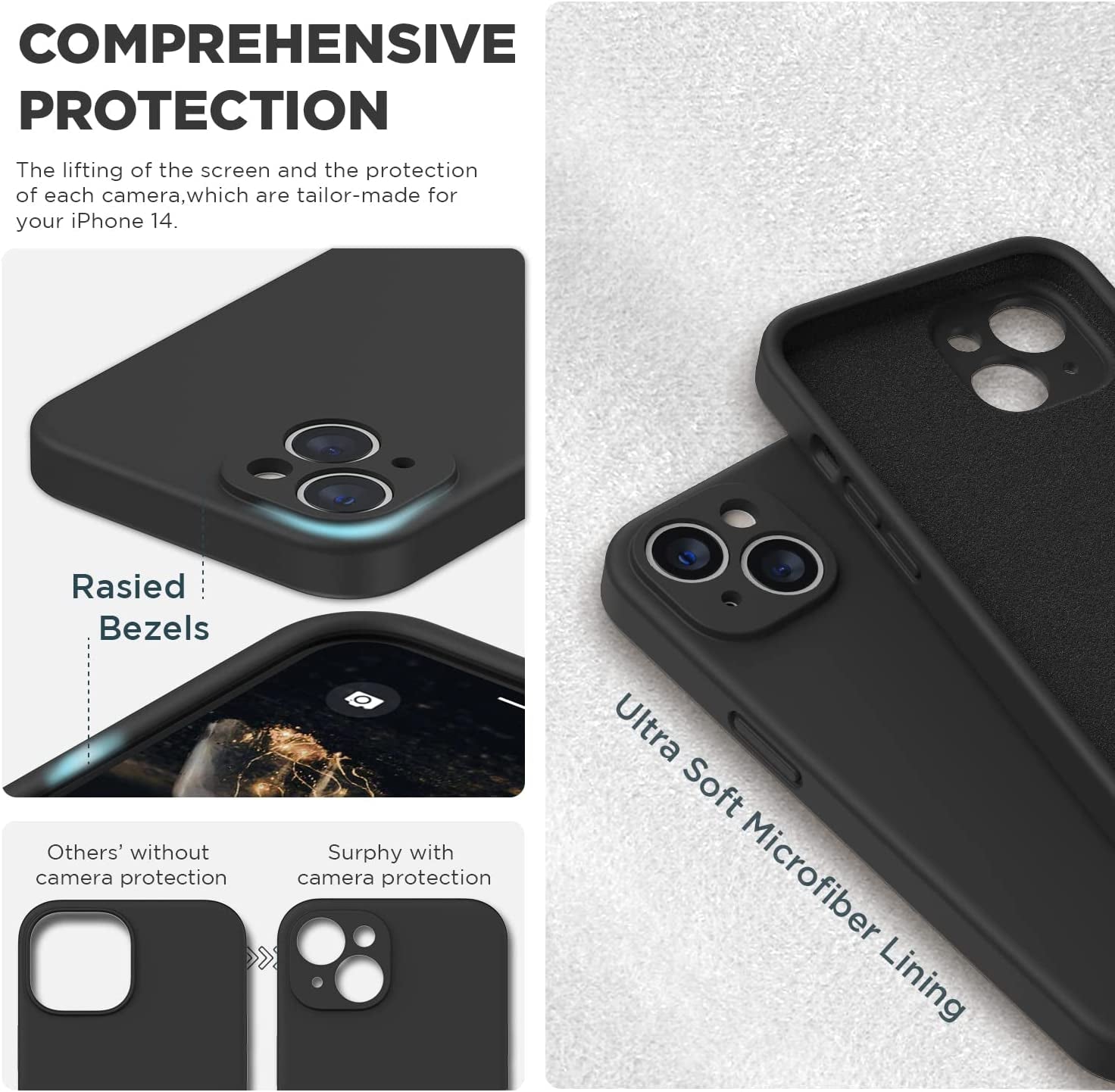 SURPHY Compatible with Iphone 14 Case with Screen Protector (Camera Protection + Soft Microfiber Lining) Liquid Silicone Phone Case 6.1 Inch 2022, Black  SURPHY   