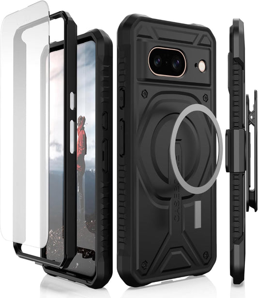 Caseborne Compatible with Google Pixel 8 Protective Case -Compatible with Magsafe, Slim yet Rugged with Tempered Glass Screen Protector and Belt Clip Holster Black  CaseBorne   
