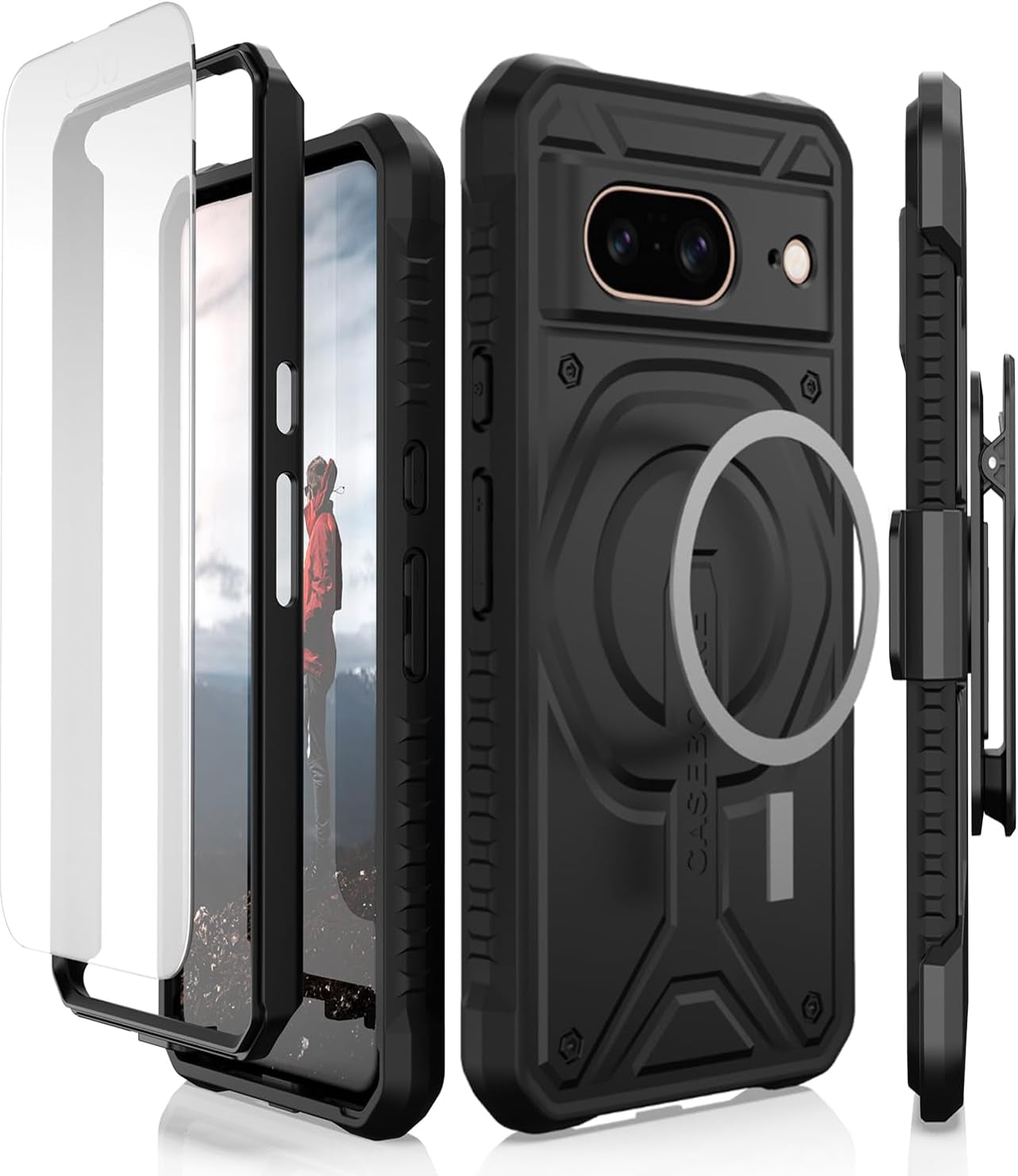 Caseborne Compatible with Google Pixel 8 Protective Case -Compatible with Magsafe, Slim yet Rugged with Tempered Glass Screen Protector and Belt Clip Holster Black  CaseBorne   
