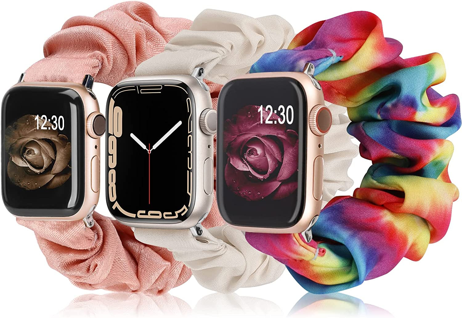 TOYOUTHS 3 Packs Compatible with Apple Watch Band Scrunchies 49Mm(Ultra)/45Mm/44Mm/42Mm Cloth Soft Pattern Printed Fabric Bracelet Women Iwatch Elastic Scrunchy Band Series SE 8 7 6 5 4 3 2 1 S/M  TOYOUTHS Starlight/Pink/Tie Dye 41/40/38mm M/L(6.0" - 6.9" Wrist) 
