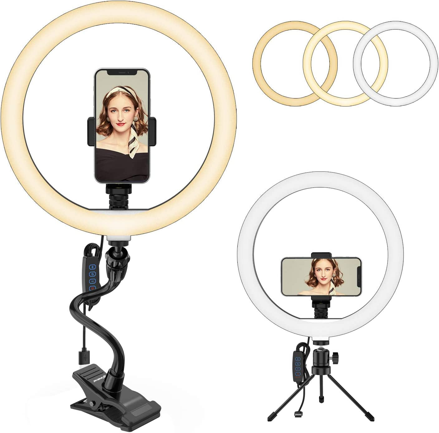 Smatree 10" LED Selfie Ring Light with Flex Clamp Mount & Tripod Stand & Phone Holder, Dimmable Desktop Ring Light with 3 Light Modes for Live Streaming/Makeup/Photography/Tiktok/Youtube Videos/Vlog  Smatree 12 inch  