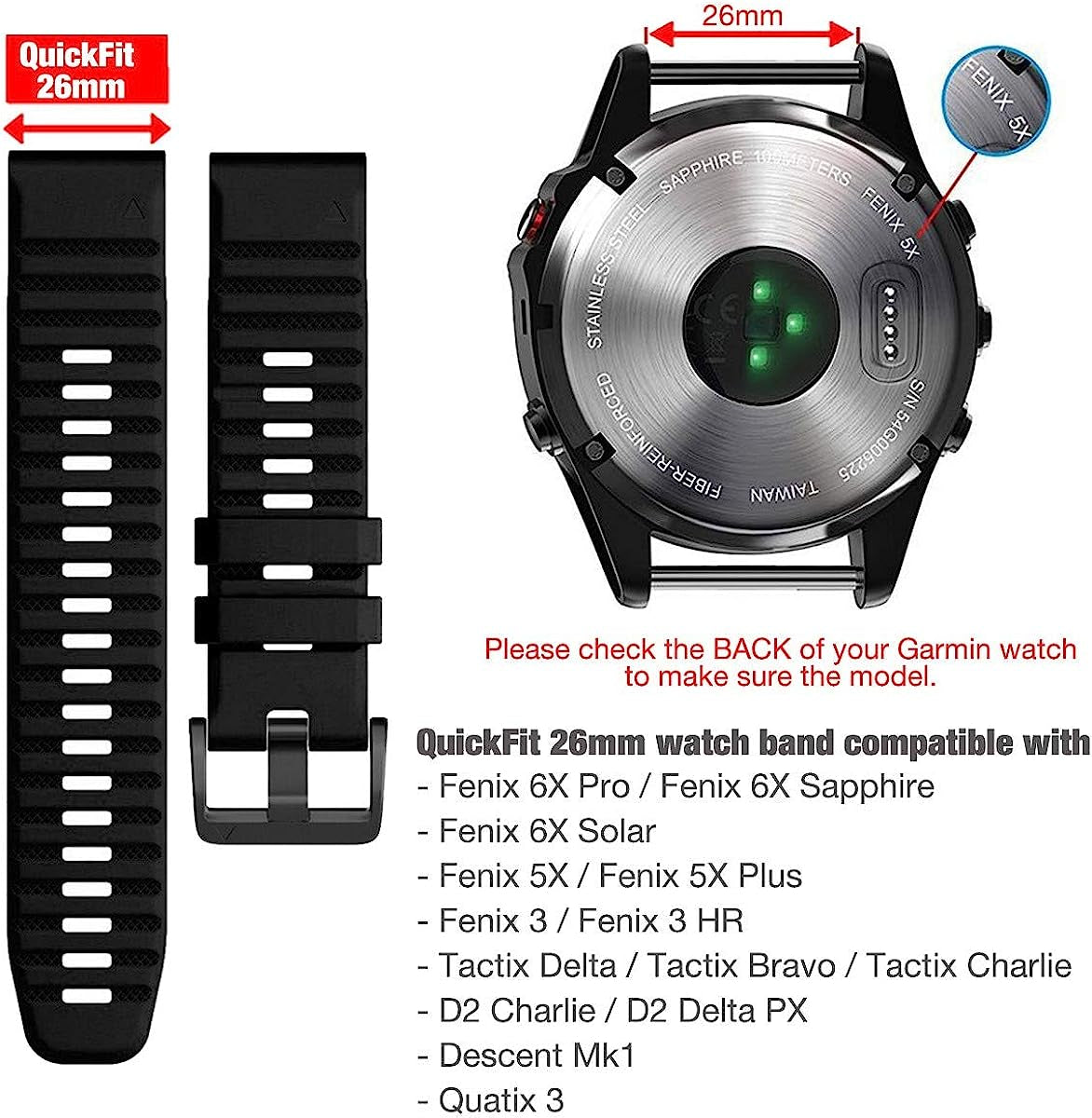YOOSIDE Quick Easy Fit Watch Band for Garmin Fenix 6X Pro/Sapphire,26Mm Soft Non-Allergenic Silicone Sport Waterproof Wristband Strap for Garmin Fenix 5X/5X Plus,Fenix 3,Quatix 3,Tactix Bravo(Black)  YOOSIDE   