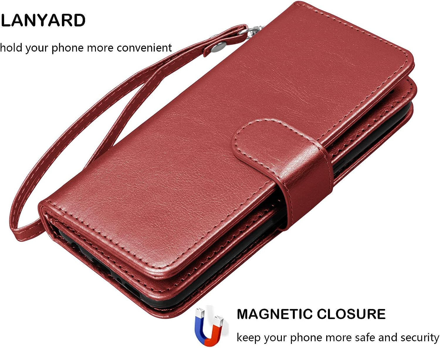 Njjex Galaxy Note 20 5G Wallet Case - Wine Red, 9 Card Slots, PU Leather, Detachable Kickstand, Magnetic Cover & Lanyard  NJJEX   