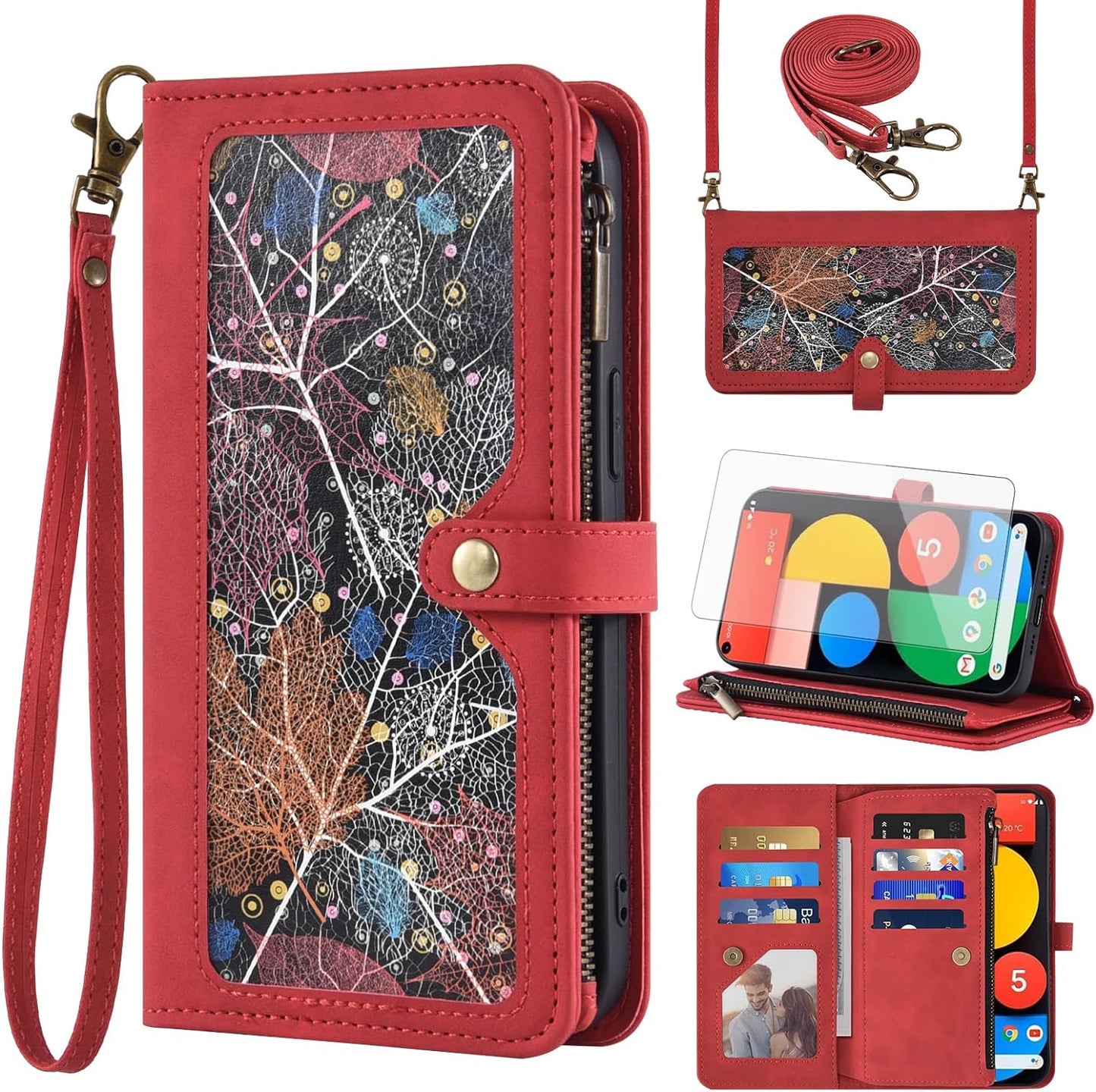 Asuwish Phone Case for Google Pixel 4A 5G 6.2 Wallet Cover with Screen Protector and Crossbody Wrist Strap Leather Flip Pattern Zipper Credit Card Holder Pixel4A5G UW Pixel4A 5G Pixle A4 G5 4A5G Black  Asuwish Red  