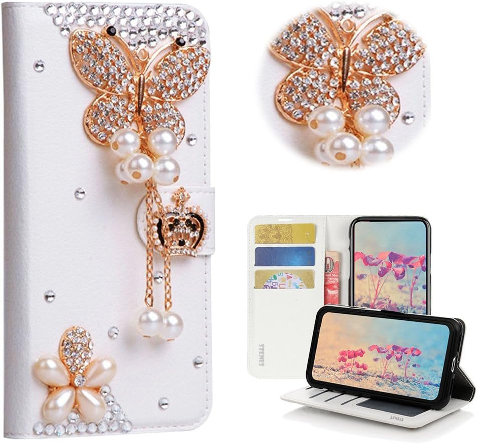 STENES LG G6 Case, LG G6 plus Case - STYLISH - 3D Handmade Bling Crystal Girls Fairy Floral Design Wallet Credit Card Slots Fold Stand Leather Cover Case for LG G6/LG G6 plus - White  STENES Butterfly Pearl Pendant Crown / White  