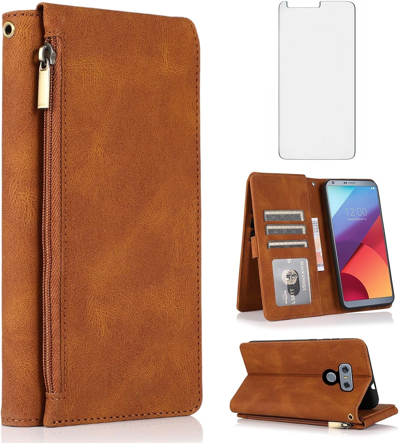 Compatible with LG G6 Wallet Case Tempered Glass Screen Protector and Zipper Leather Flip Cover Card Holder Stand Cell Accessories for LGG6 Thinq LG6 Thin Q G 6 plus G6+ 6G VS988 H872 Women Men Green  Asuwish Brown  