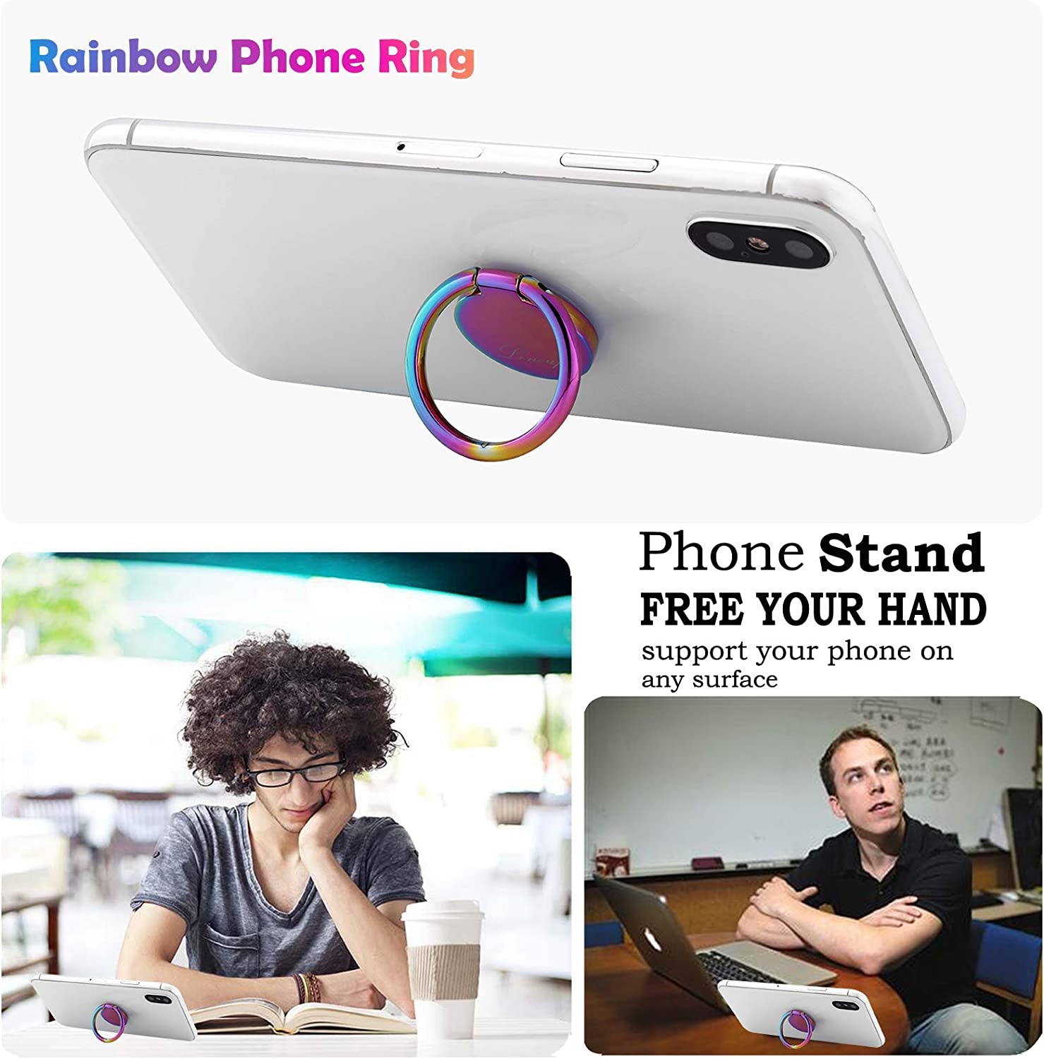 Lenoup Rainbow Cell Phone Ring Stand Holder,Purple Multicolor Ring Grip Kickstand,360 Rotation Metal Finger Ring for Almost All Phones,Pad  lenoup   