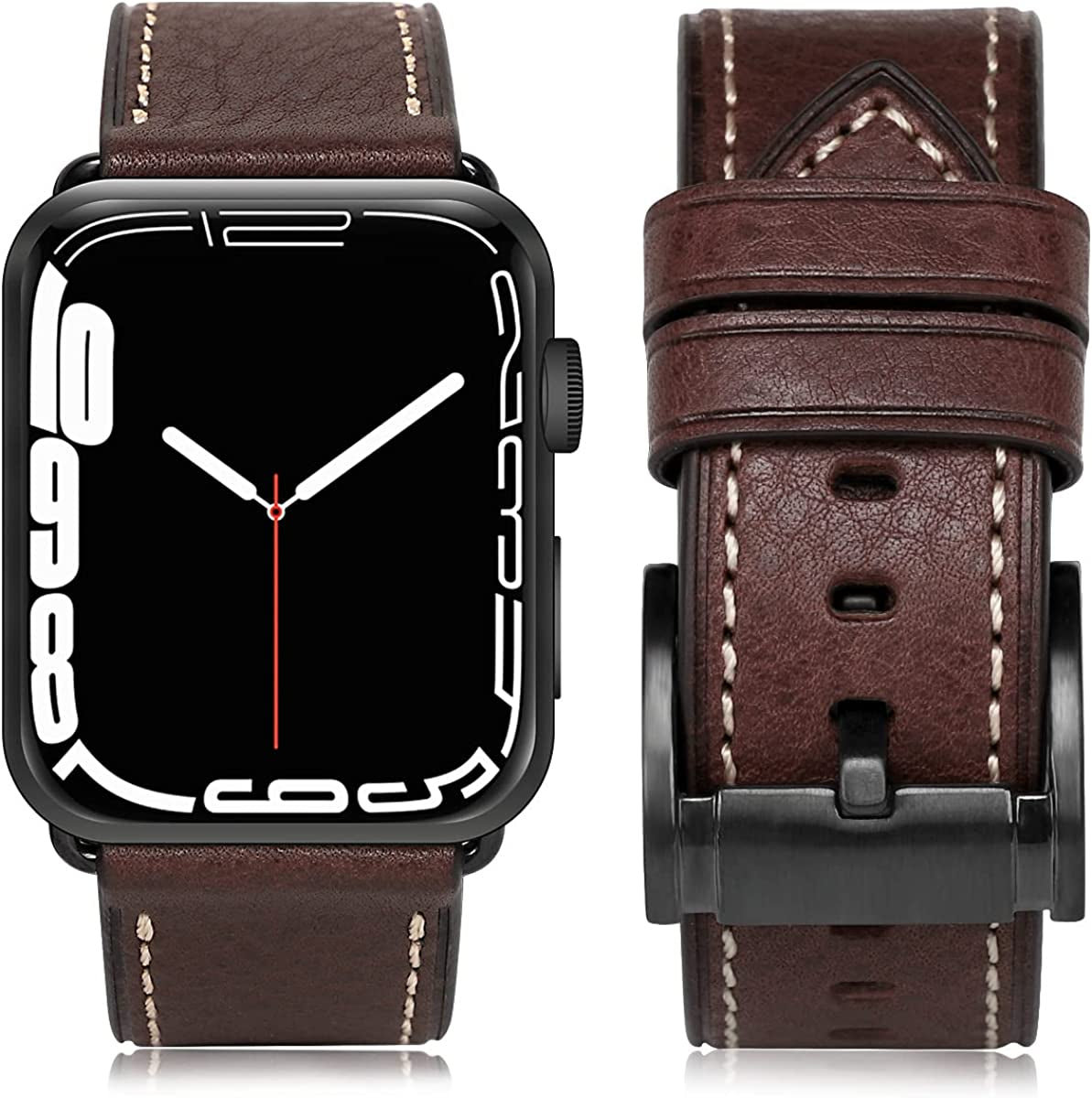 HUAFIY Compatible for Apple Watch Bands 42Mm 44Mm45Mm 49Mm 38Mm 40Mm41Mm, Genuine Leather Band Strap for Iwatch Series 8,7,6,5,4,3,2,1, Ultra Sport SE  huahuei Vegetable Tanned Coffee Black Buckle 42mm 44mm45mm49mm 