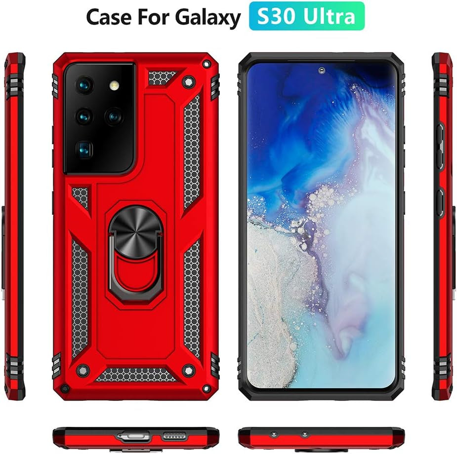 Military Grade Drop Impact for Samsung Galaxy S21 Ultra Case Galaxy S21 Ultra 5G Case 360 Metal Rotating Ring Kickstand Holder Armor Heavy Duty Shockproof Case for Galaxy S21 Ultra Phone Case (Red)  Dionsibei   
