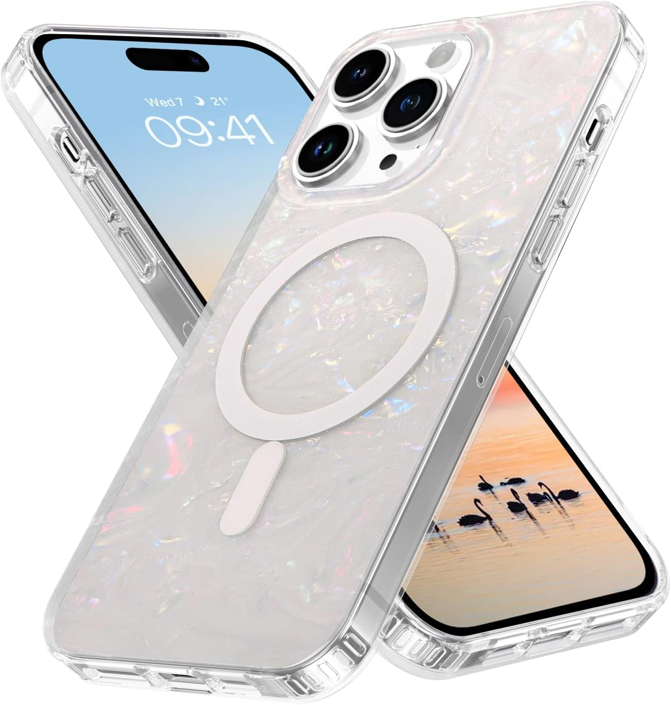 YINLAI Case for Iphone 14 Pro Max,[Compatible with Magsafe],Pearl Glitter Magnetic Slim Bling Sparkly Mother-Of-Pearl Seashell Women Girls Girly Soft Shockproof Protective Phone Cover 6.7 Inch,Purple  YINLAI White  