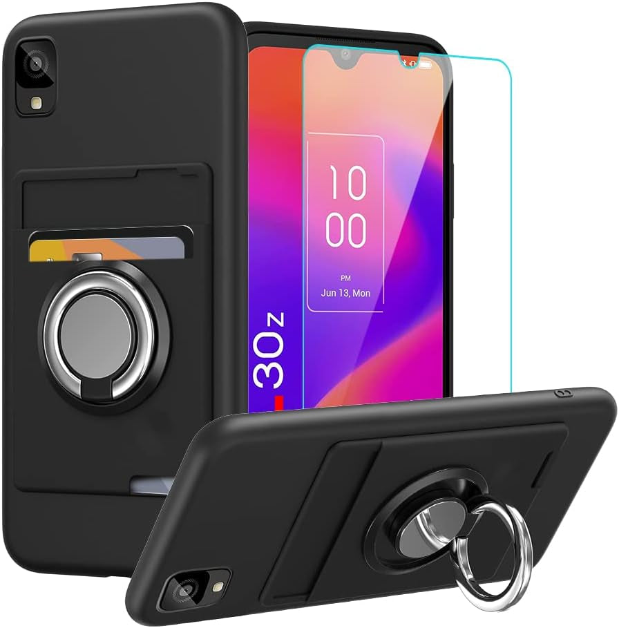 Anneey for Oneplus 11 5G Phone Case with Tempered Glass Screen Protector, Card Holder with Ring Stand Case for 1+ 11 5G Cover - Black  Anneey Alcatel Tcl 30 Z T602Dl  
