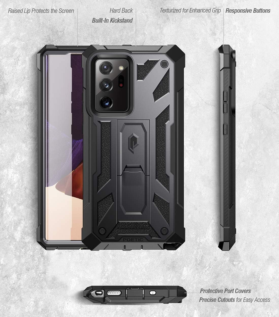 Poetic Spartan Series Designed for Galaxy Note 20 Ultra Case, Full-Body Rugged Dual-Layer Metallic Color Accent with Premium Leather Texture Shockproof Protective Cover with Kickstand, Gun Metal  Poetic   