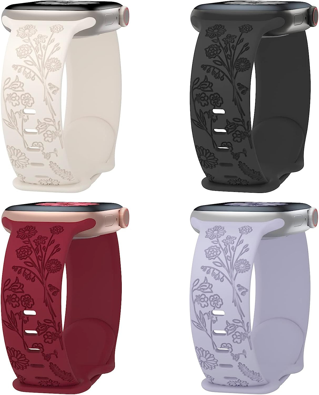 Keebowz 4 Pack Flower Engraved Silicone Band Compatible with Apple Watch Band 38Mm 40Mm 41Mm 42Mm 44Mm 45Mm 49Mm, Women Soft Floral Strap Sport Wristbands for Iwatch Series 8/7/6/5/4/3/2/1/Se/Ultra  Keebowz Starlight/Black/Wine Red/Lavender Grey 38/40/41mm 