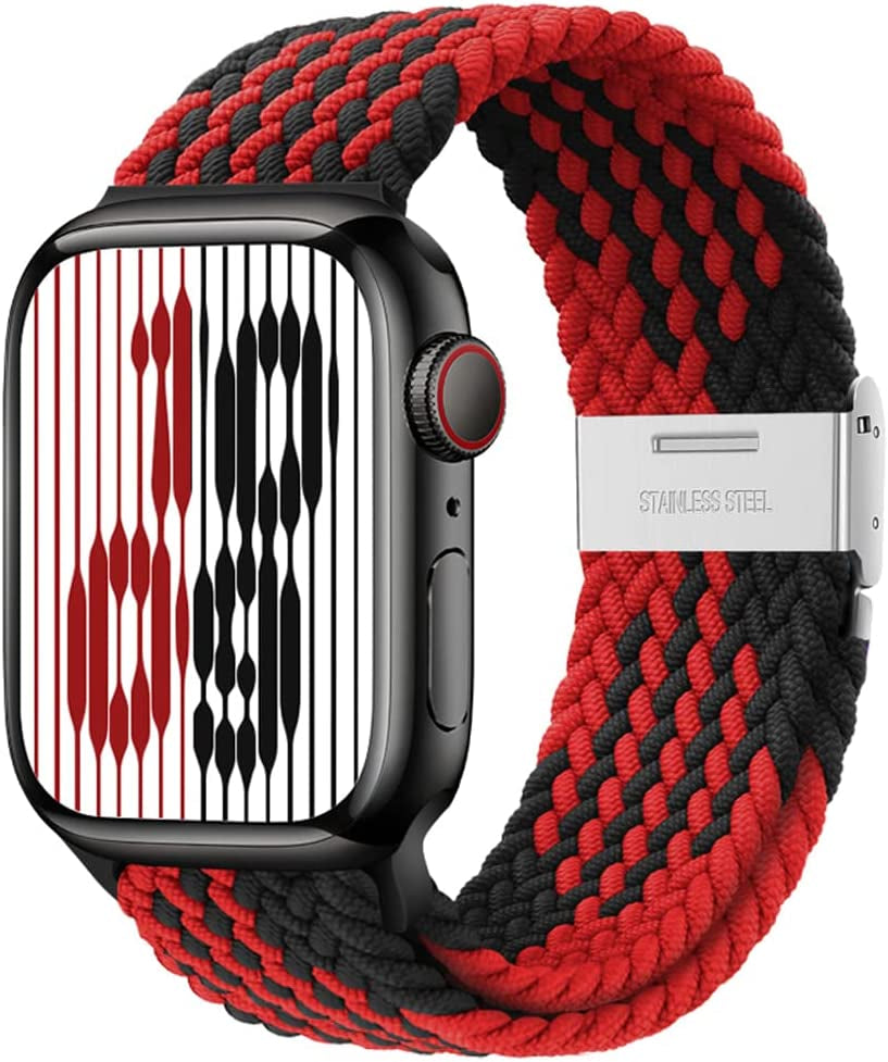 Qimela Compatible with Apple Watch Band 49Mm 45Mm 44Mm 42Mm,Stretchy Sport Solo Loop Strap with Adjustable Buckle,Elastic Nylon Braided Wristband for Iwatch Series 8 7 6 SE 5 4 3 2 1 Ultra,Women Men  FS-TECH Black/Red 42mm/44mm/45mm/49mm 