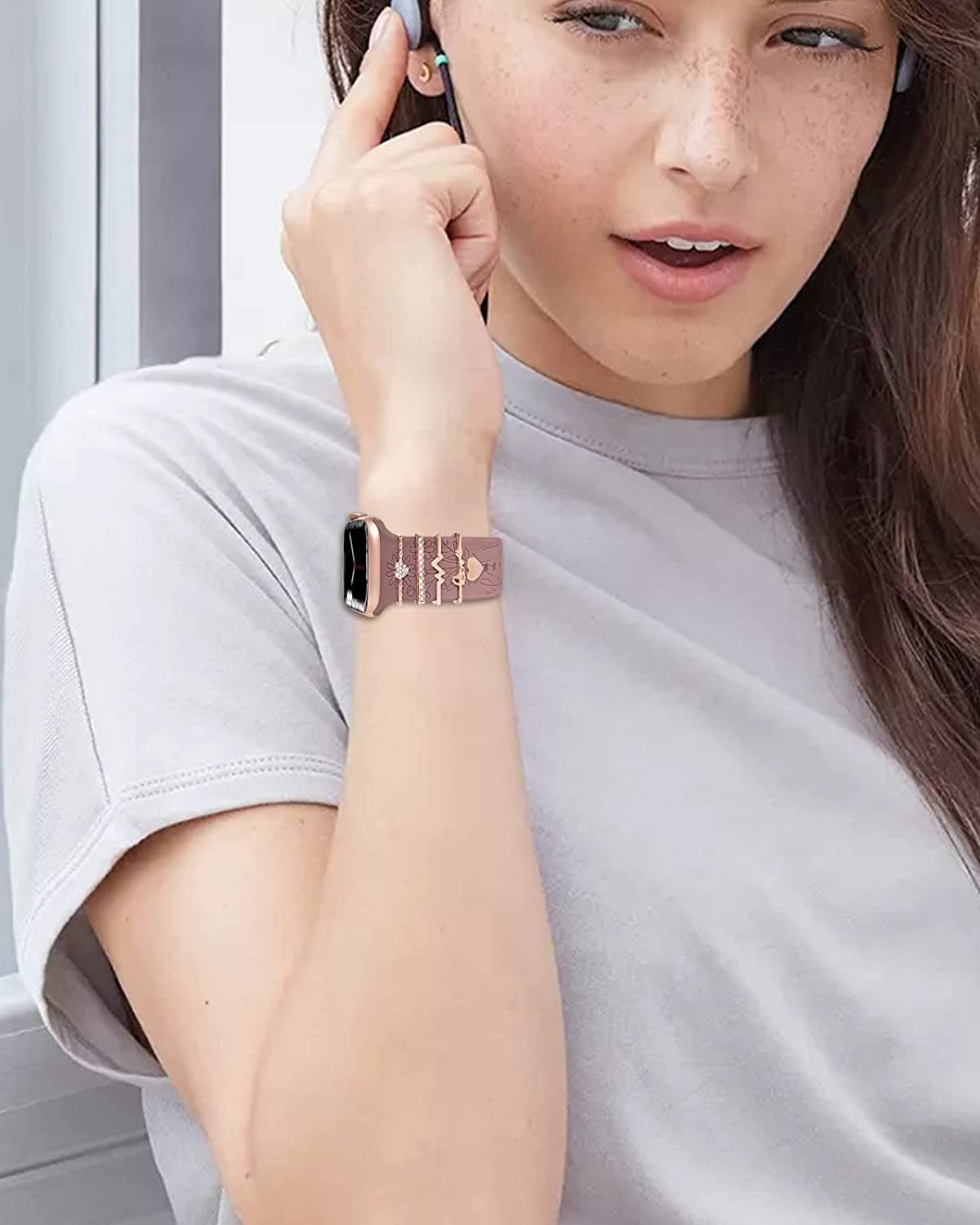 Watch Band Charms (Band Included), Compatible with Apple Watch Band 38Mm 40Mm 41Mm, ORATYFAN Floral Engraved Silicone Bands & Metal Decorative Ring Loops Accessories for Iwatch Series Se 8 7 6 5 4 3 2 1  ORATYFAN   